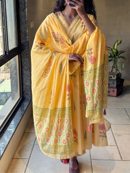 Meadow Yellow Cotton Anarkali Suit Set with Floral Print