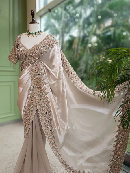 Rajvika Beige Metallic Tissue Silk Saree with Readymade Blouse