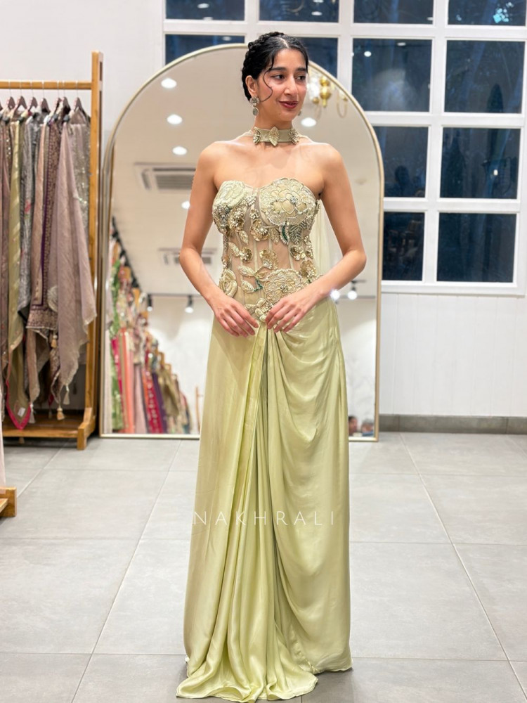 Image of Celadon Pista Green Net &amp; Satin-Silk Blend Indo-Western Crop Top Skirt Set