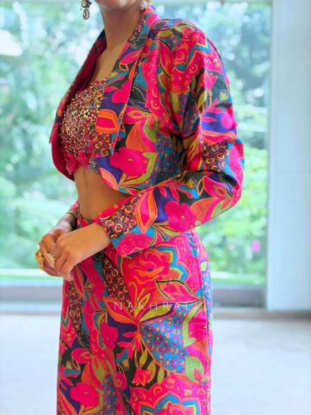 Kaleido Pop Multicolor Silk Blend Indo-Western Crop Top Pant Set