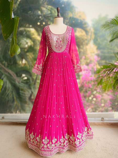Fuchsia Magenta Georgette Anarkali Set with Embroidered Neck Work