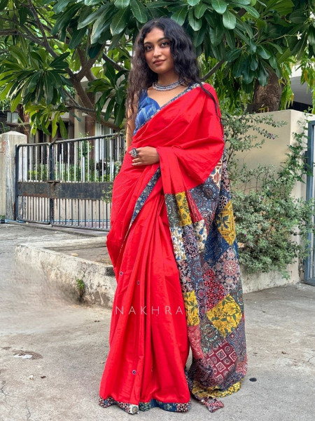 Sootra Red Cotton Saree with Patchwork Border