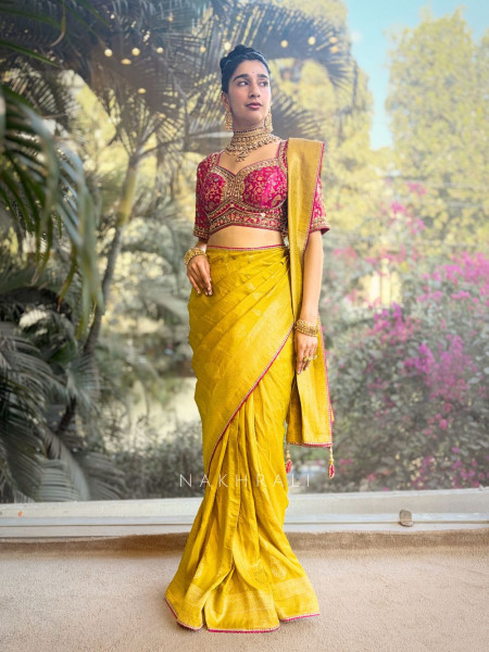 Mrignayani Lime Green Saree with Embroidered Blouse & Brocade Weave