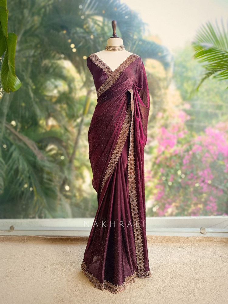 Image of Noira Wine Stone Work Saree with Embellished Border