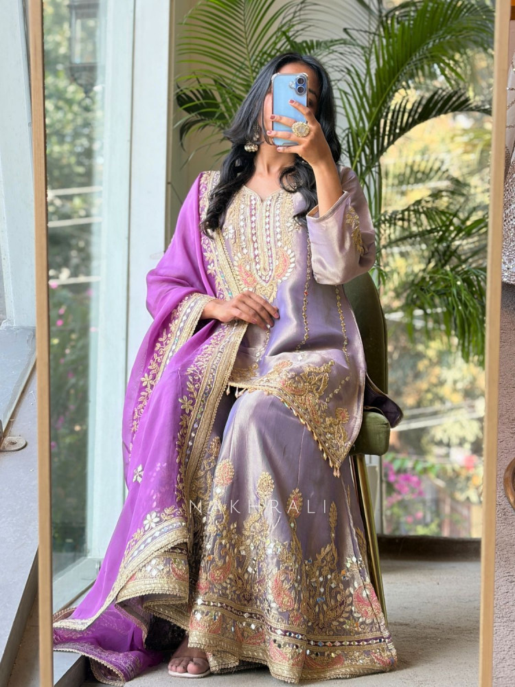 Image of Miravelle Lavender Suit Set with Zari Sequin and Bead Work