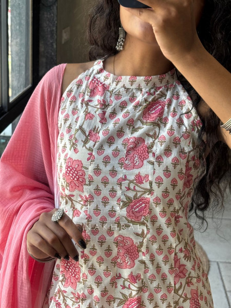 Gulnaar Cream Rayon Cotton Anarkali Suit Set with Floral Print