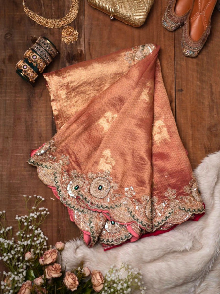 Devyani Peach Tissue Silk Saree with Zari and Zardozi Work