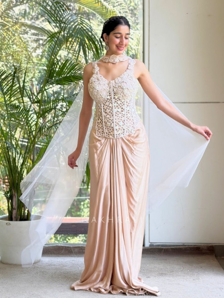 Rishika Cream Corset Style Indo Western Set with Choker Dupatta