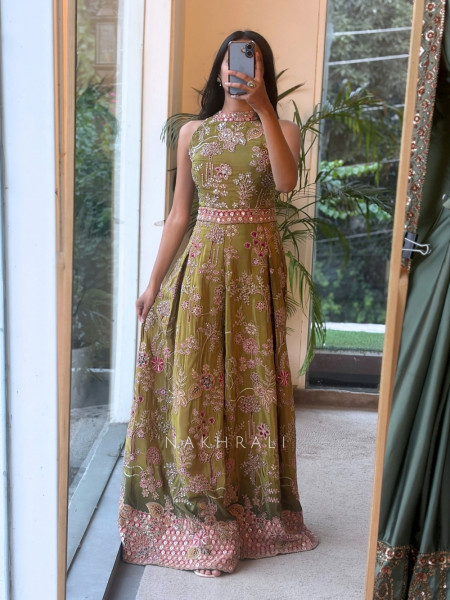 Ishvani Parrot Green Chanderi Silk Indo-Western Jumpsuit