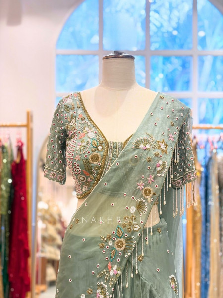 Madhavi Sea Green Crop Top Skirt Set With Floral Embroidery