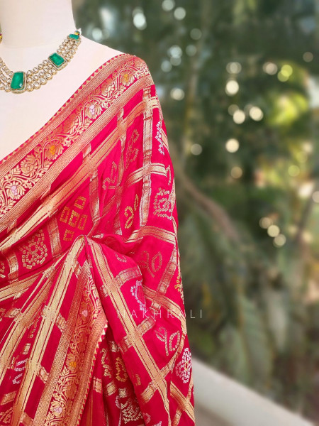 Rangriti Red Bandhani Saree with Gota Border