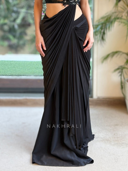 Eclipse Black Metallic Lycra Shimmer Crop Top & Draped Skirt Set