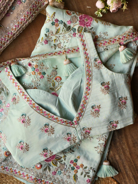 Whispers of Spring Sea Green Saree with Heavy Floral Thread Work and Readymade Blouse