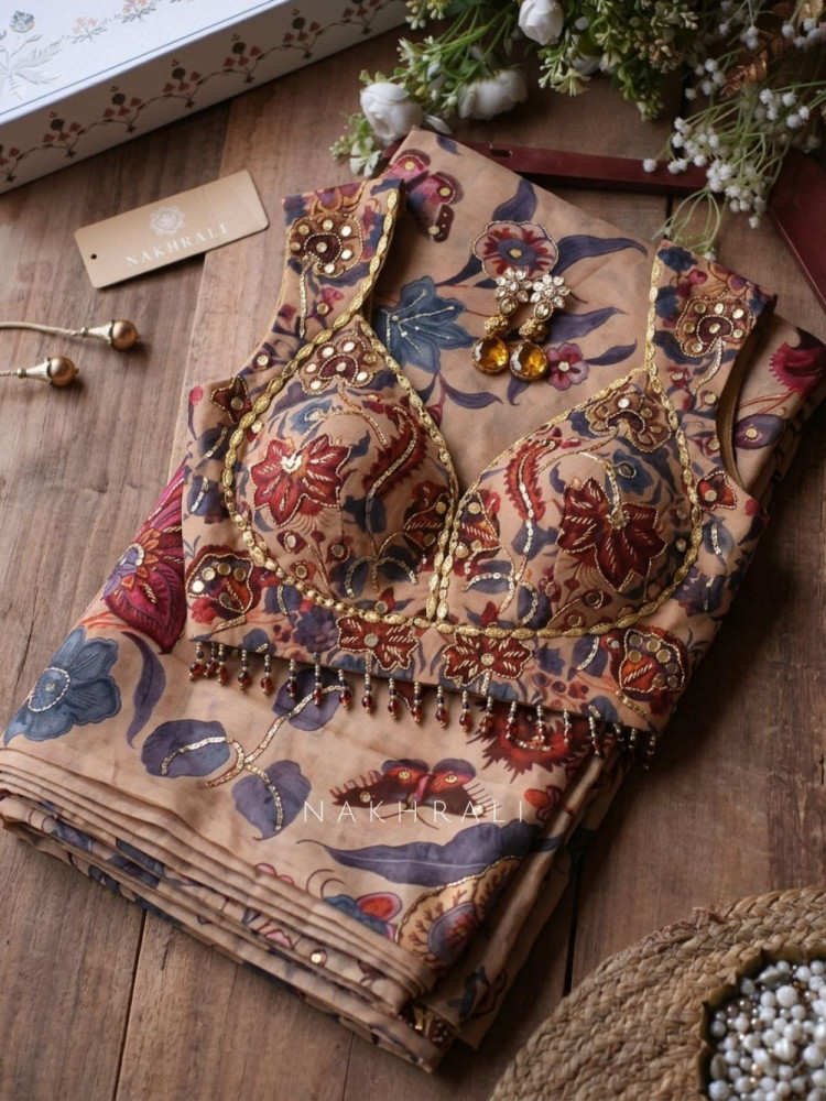 Image of Rosalind Brown Floral Printed Saree with Mirror &amp; Sequin Embellished