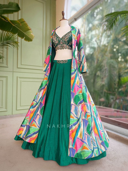 Canvas Green Lehenga Set with Abstract Print Jacket and Cut Dana Work