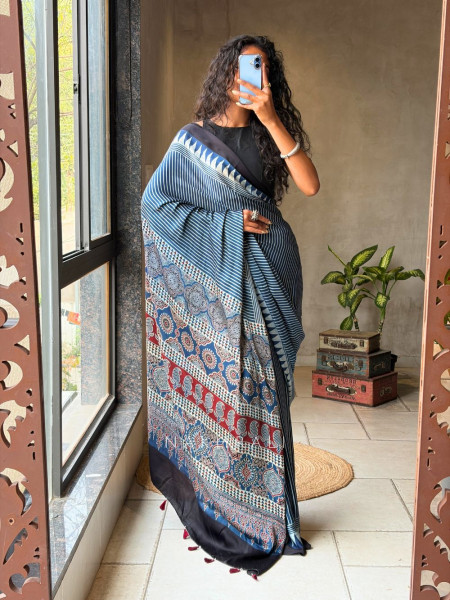 Raabta Blue Modal Saree with Ajrak Border