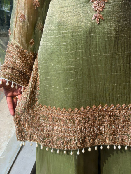 Zoya Green Tissue Suit Set with Zari Work