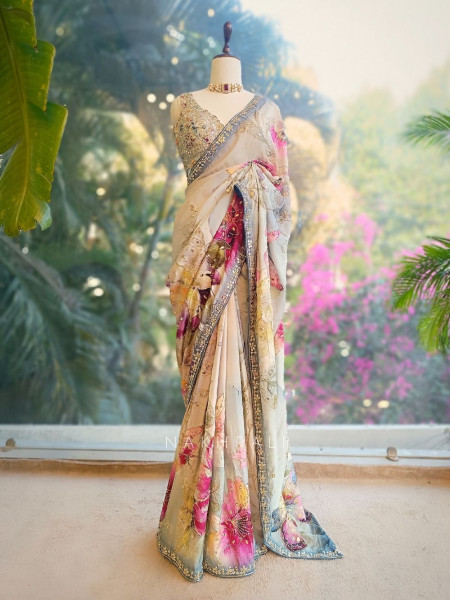 Florie Multicolor Floral Saree with Zari and Mirror Work Blouse