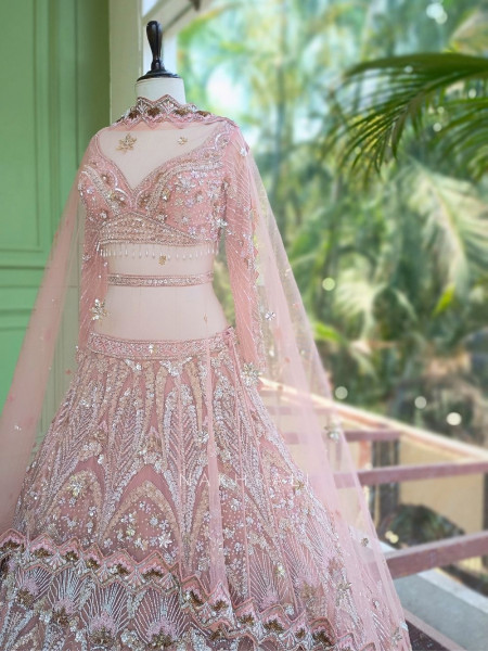 Cosmic Pink Net Lehenga with Beads Sequin and Pearl Work