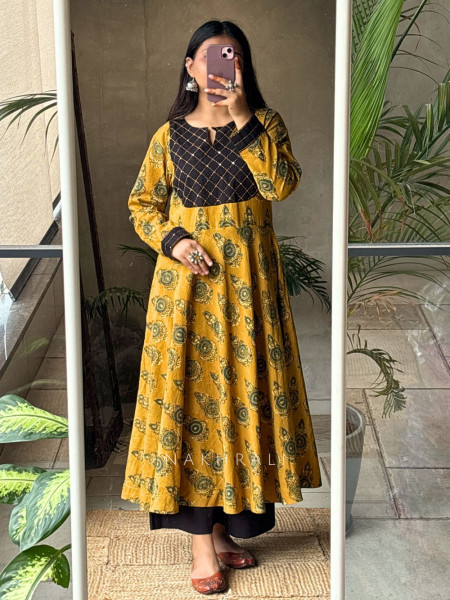 Adaa Yellow Cotton Block Printed Kurta and Palazzo with Handwork Yoke