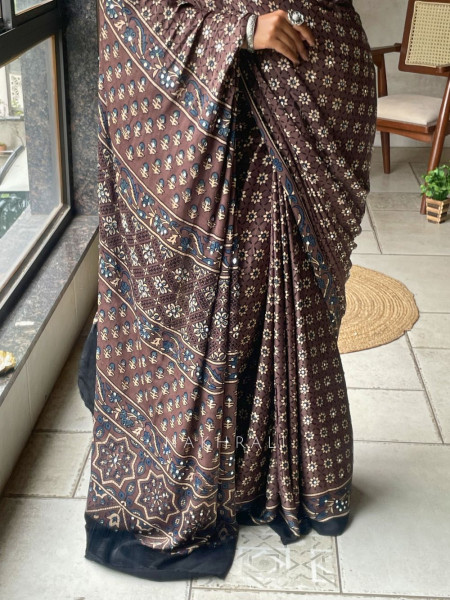 Mrittika Brown Modal Silk Saree With Ajrakh Print