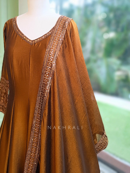Yashvika Brown Raw Silk  Anarkali Suit Set