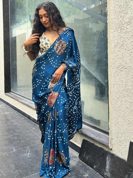 Manjari Blue Bandhej Saree with Running Blouse Piece