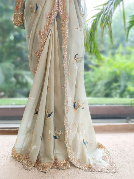 Avian Whimsy Sea Green Pure Organza Saree