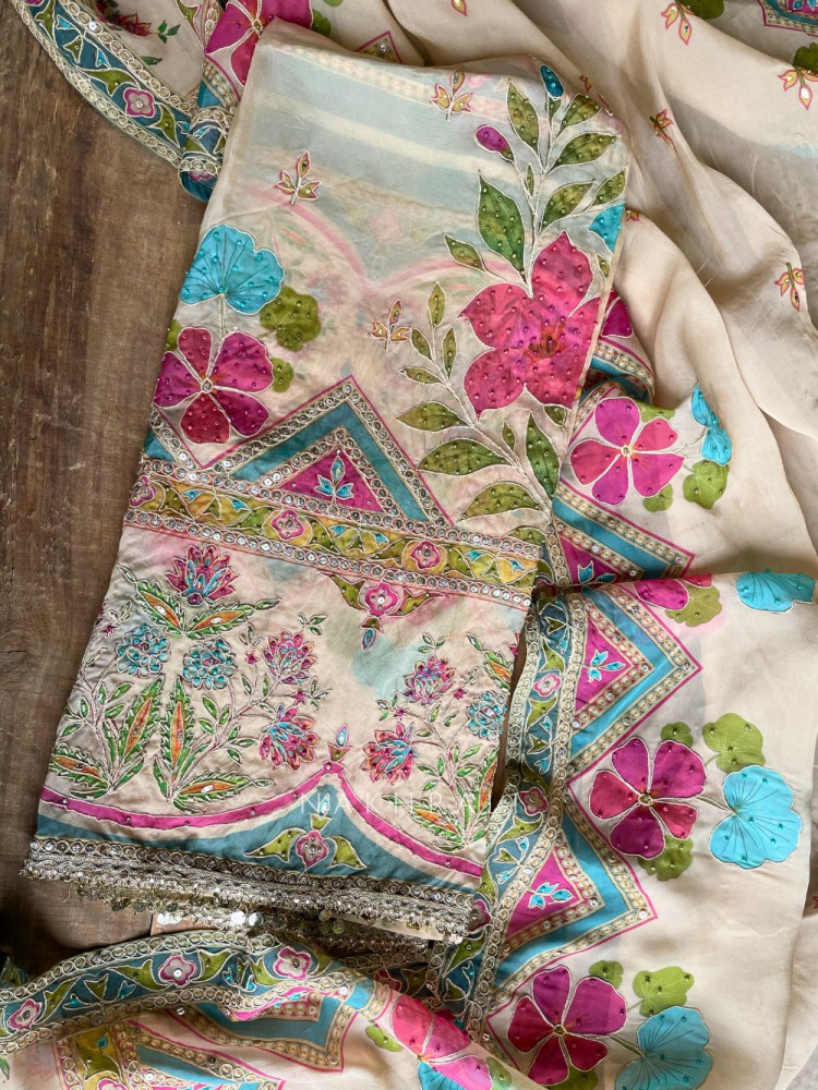 Image of Gulrani Beige Embroidered Dress Material with Floral Geometric Work