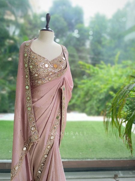 Mrinmayi Dusty Rose Crushed Georgette Saree with Readymade Blouse