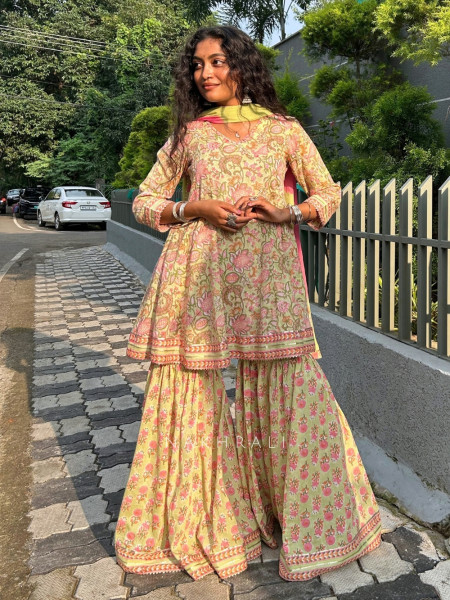 Shanaya Noor Pista Green Cotton Garara Suit Set with Dupatta