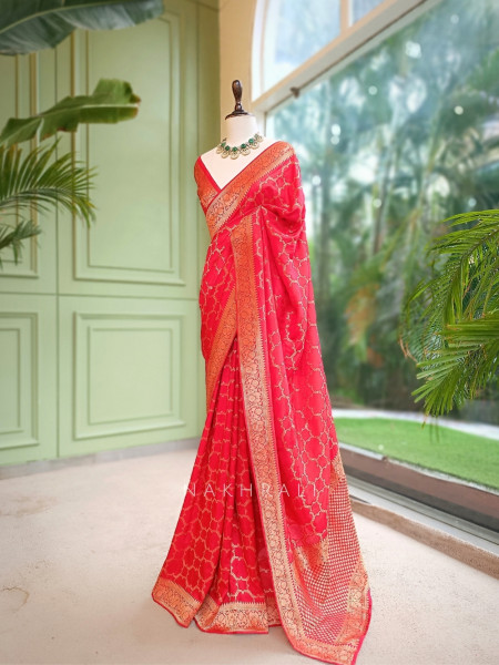 Ridhima Coral Khaddi Georgette Zari Jaal Saree