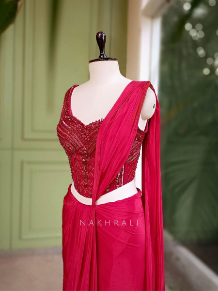 Mehika Red Sequin & Cut Dana Drape Saree Set