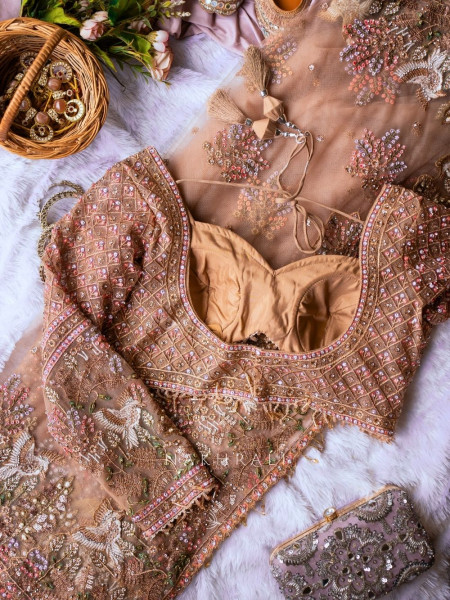 Wisteria Onion Pink Embroidered Saree with Bird and Floral Motifs