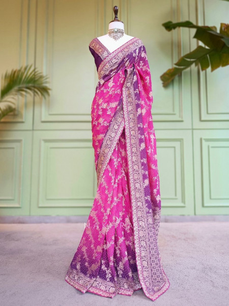 Sutra Purple Bandhani Saree With Running Blouse Piece