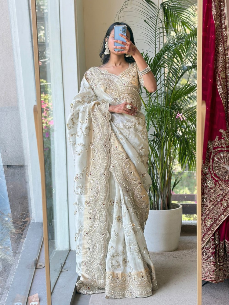 Image of Noor-e-Chandani Cream Organza Saree with Heavy Embroidery Work