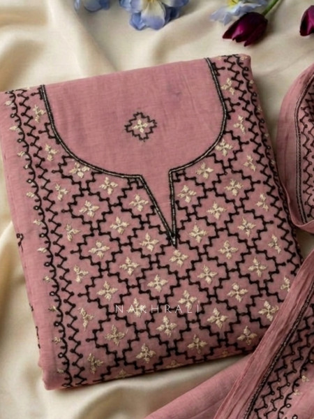 Karigari Pink Dress Material With Contrast Embroidery and Border Detail