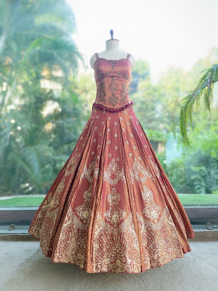 Surmayi Pink Onion Tissue Silk Indo-Western Lehenga