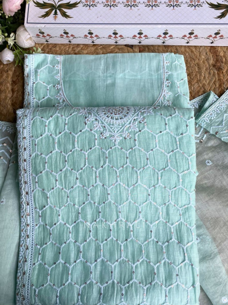 Ishira Blue Embroidered Cotton Dress Material Set