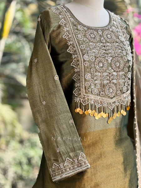 Kanak Green Kurta Skirt Set with Embroidered Detailing