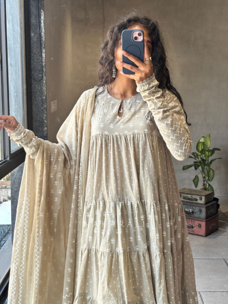 Mireya Beige Cotton Anarkali Suit Set with Printed Design