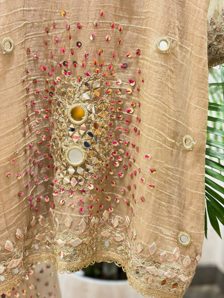 Aisha Beige Tissue Suit Set with Mirror and Gota Patti Work