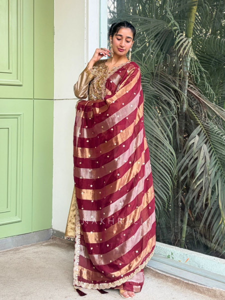 Nazneen Maroon Anarkali Suit Set with Contrast Dupatta