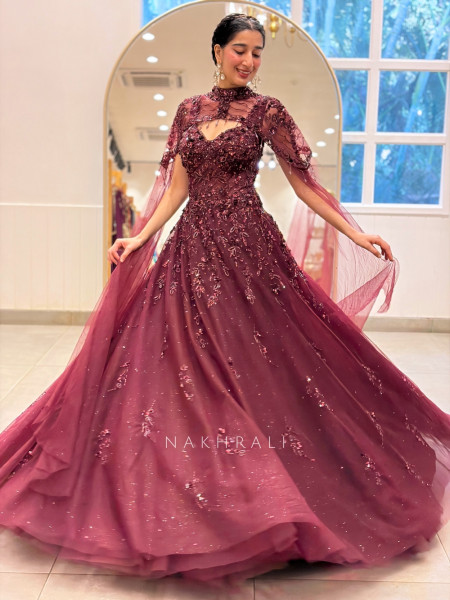 Bordeaux Maroon Soft Net Evening Gown