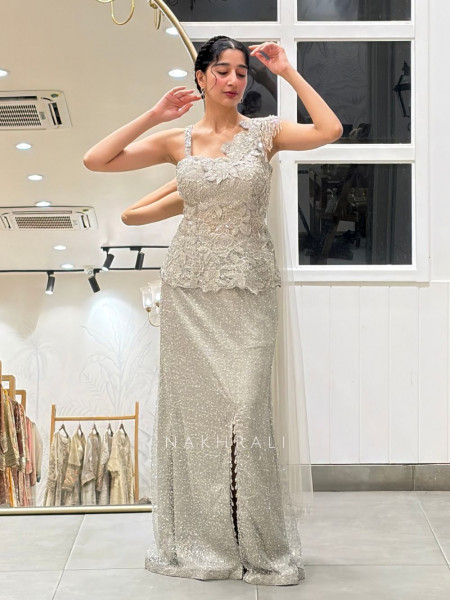 Astral Shimmer Grey Floral Lace & Shimmer Tulle Net Indo-Western Crop Top Skirt Set