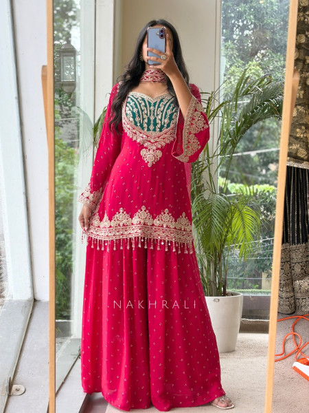 Baroque Ensemble Red Georgette & Velvet Bustier Palazzo Suit Set
