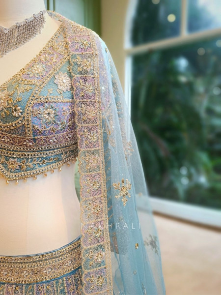 Aurelia Sky Blue Net Lehenga with Zari & Sequin Embroidery