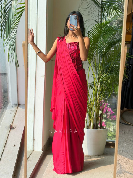 Talia Crimson Red Sequin Mirror Drape Saree