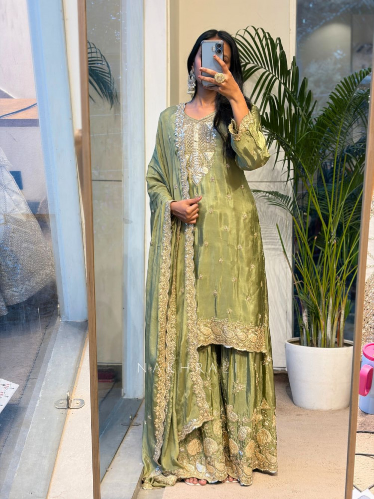 Image of Zayvin Green Zari Tissue Suit Set with Bead Work