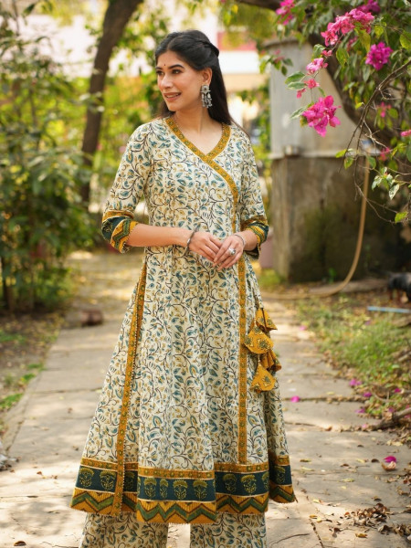 Mirza Cream Angrakha Cotton Kurta Pant Set